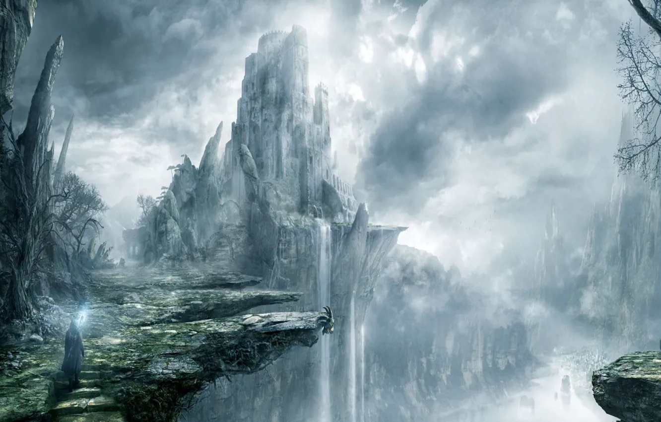 Фото обои тучи, туман, замок, обрыв, скалы, водопад, маг, посох