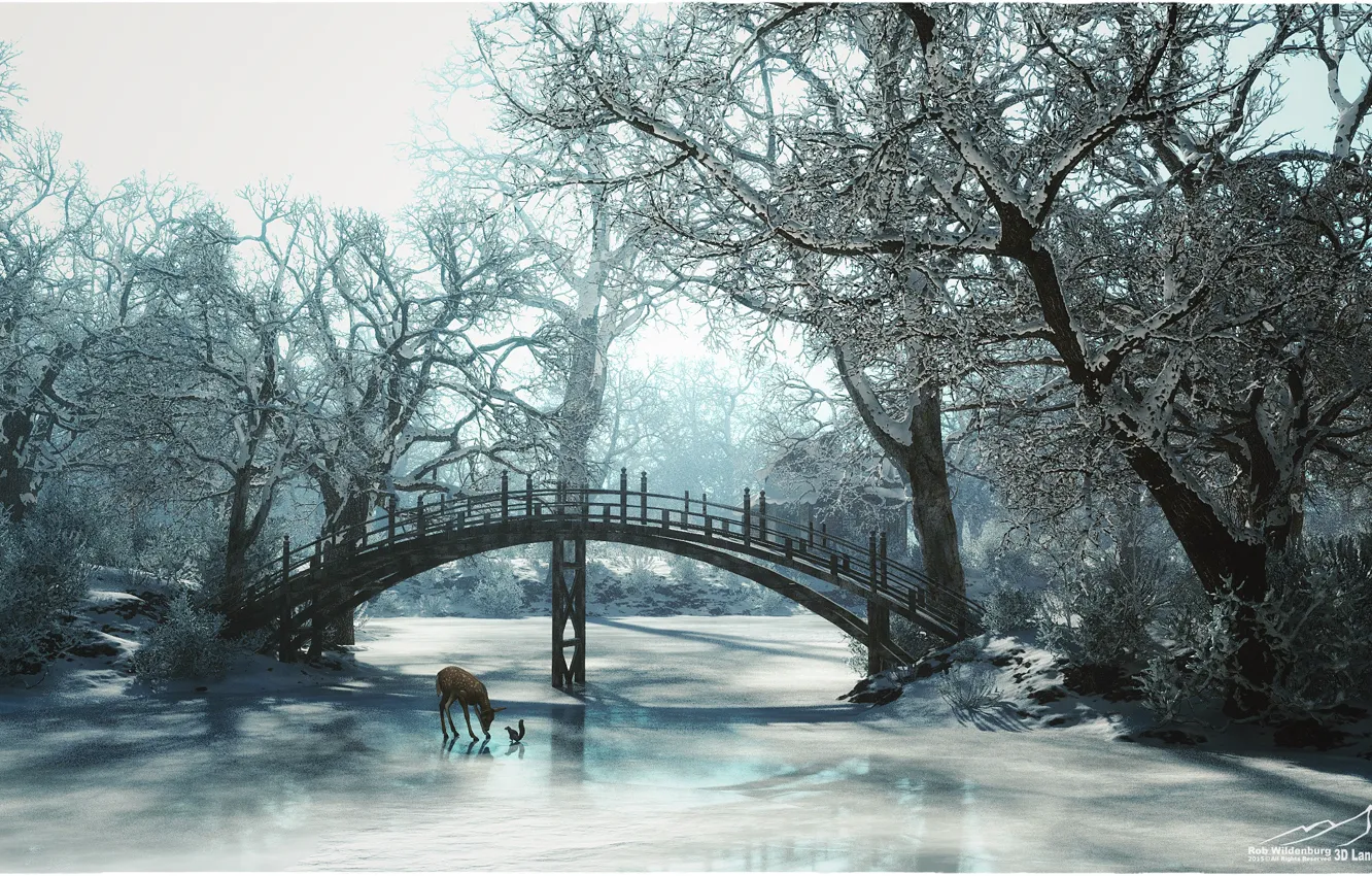 Фото обои зима, деревья, мост, белка, олененок, 3d-графика, 3DLandscapeArtist, замерзшая река