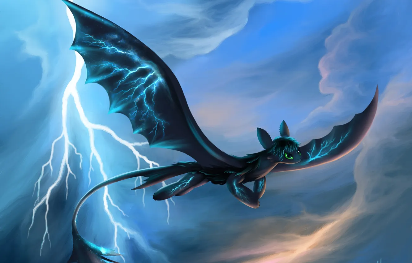 Фото обои молния, арт, полёт, зубастик, дракончик, как приручить дракона