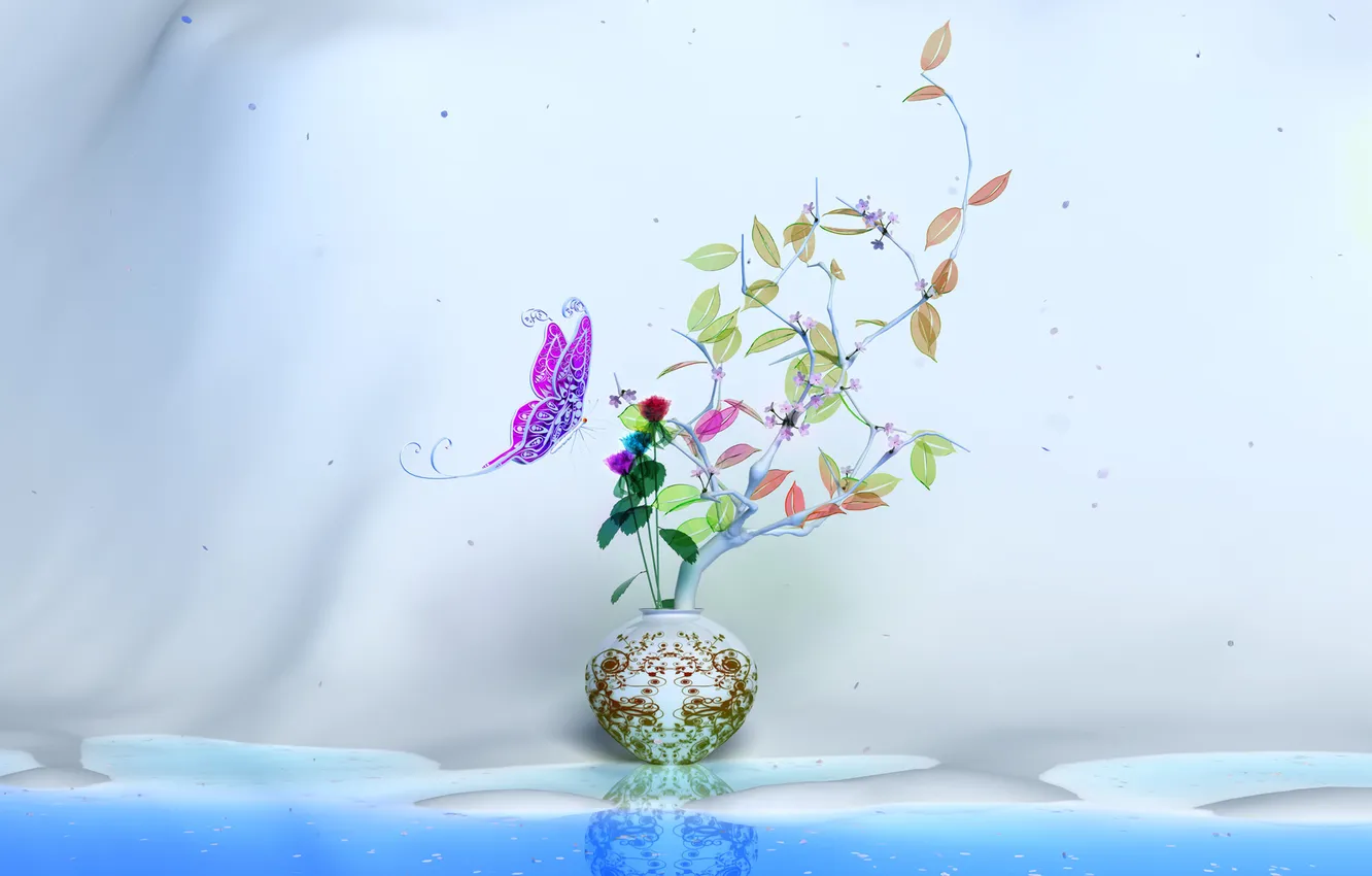 Фото обои листва, ваза, бабочька, Grand Waltz brilliant