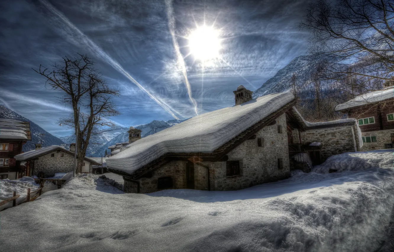 Фото обои зима, горы, дом, утро, городок