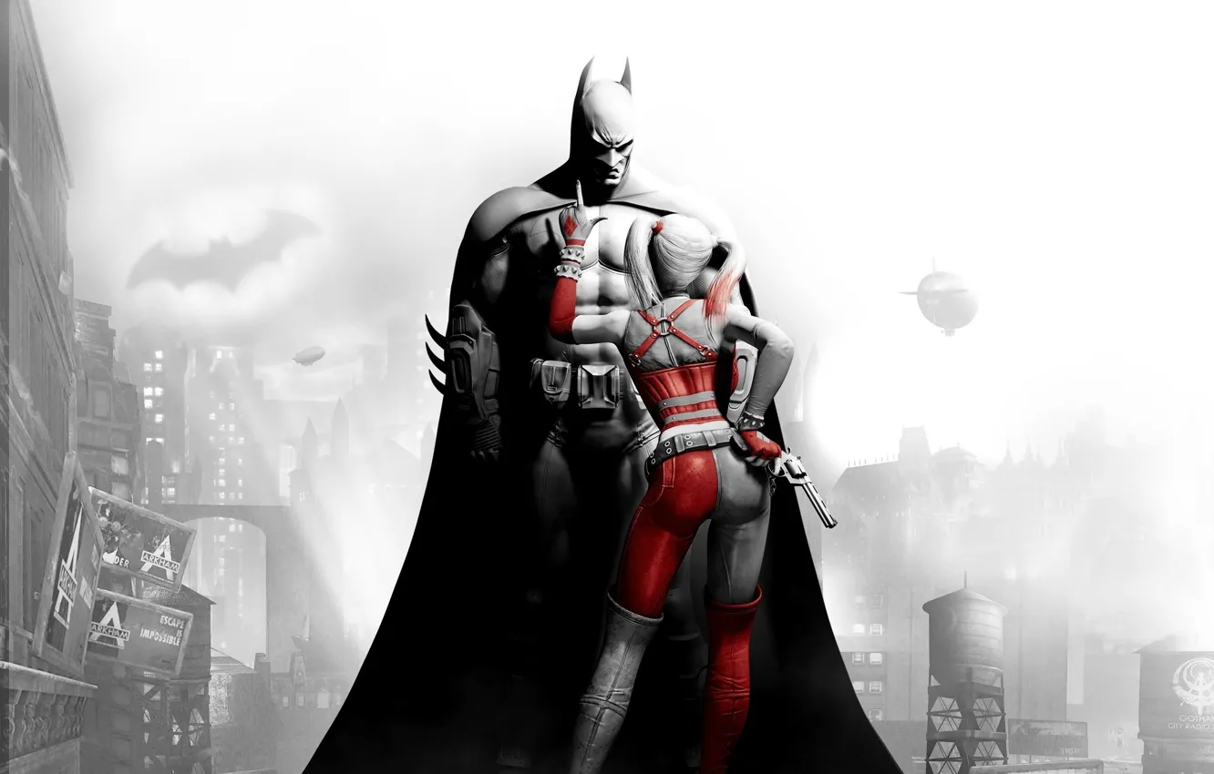 Фото обои пистолет, batman, бэтмэн, супергерой, комикс, harley queen, batman arkham city, джокерша