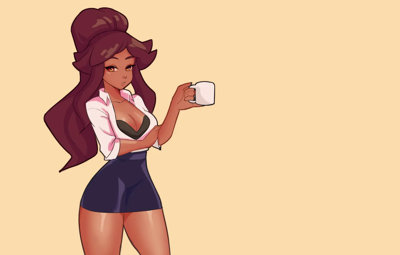 Фото обои cleavage, long hair, coffee cup, brunette, coffee, black dress, thighs, bangs