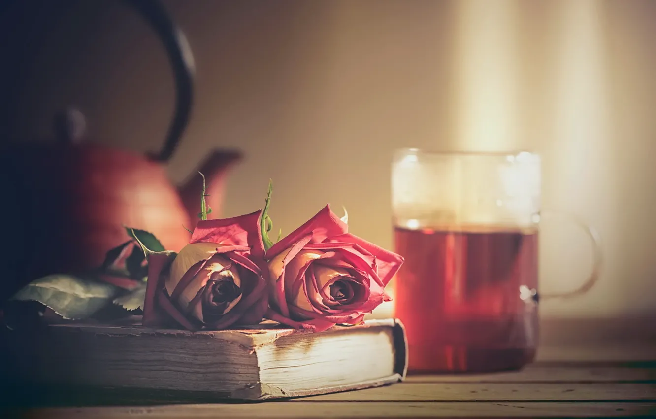Фото обои чай, роза, книга