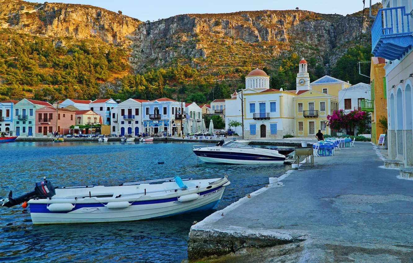 Фото обои солнце, скалы, берег, дома, лодки, Греция, Aegean Sea, Kastelorizo