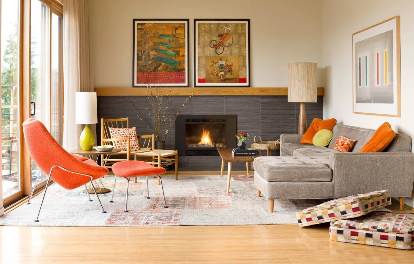 Фото обои дизайн, стиль, ретро, интерьер, камин, гостиная, Retro-style
