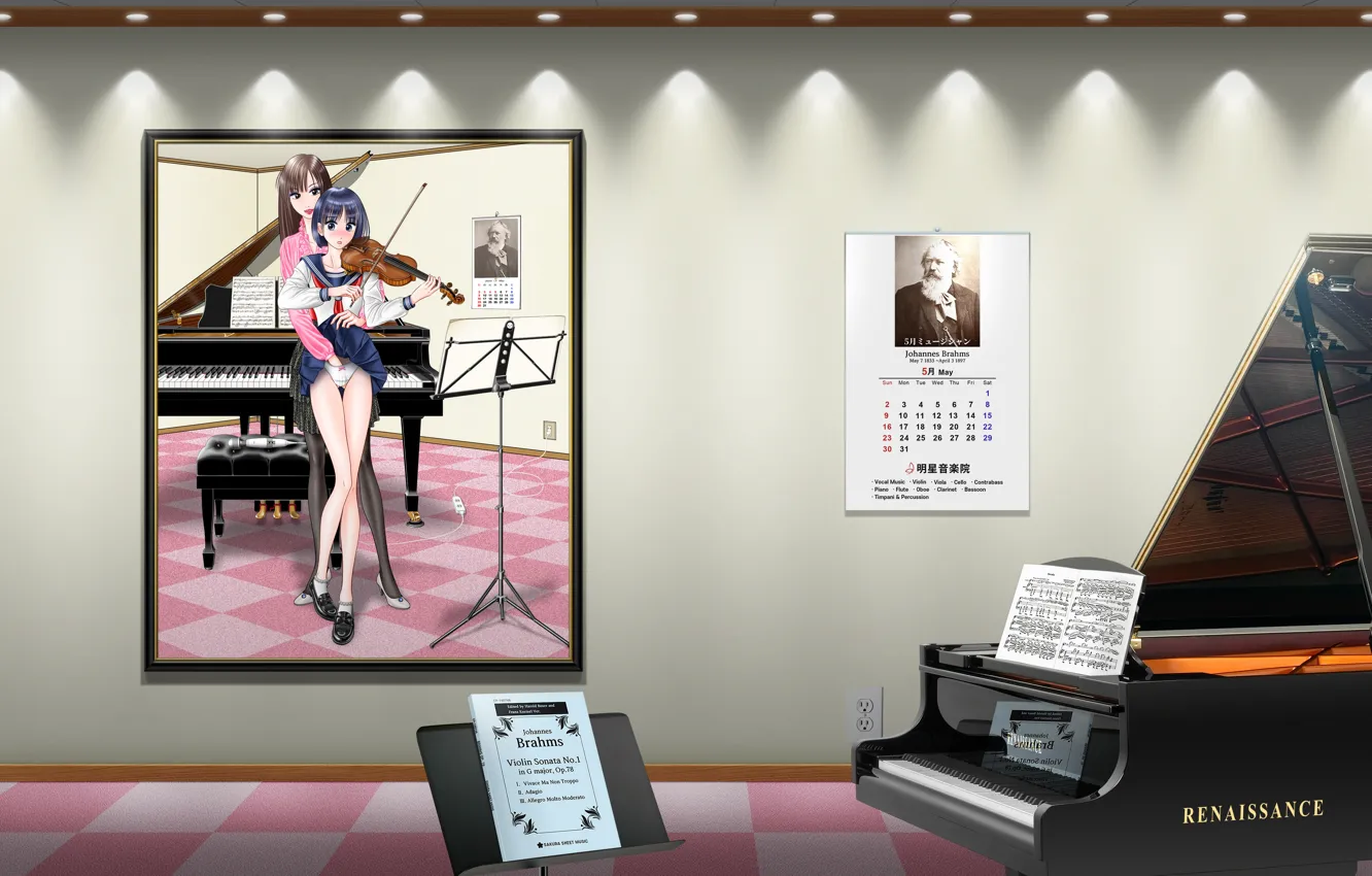 Фото обои music, anime, piano, violin, lesbian, teacher, student, brahms