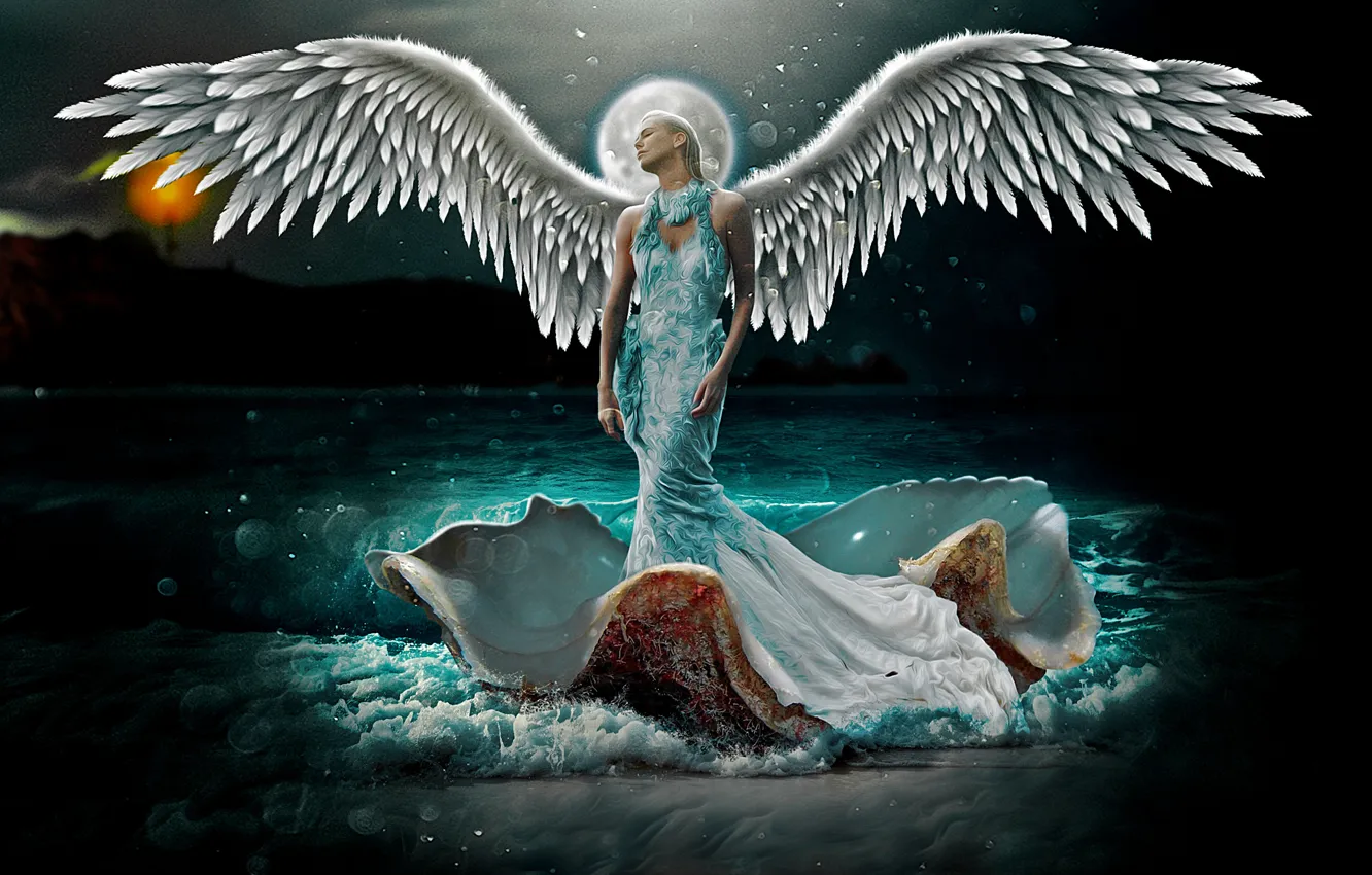 Фото обои море, ангел, девушка art