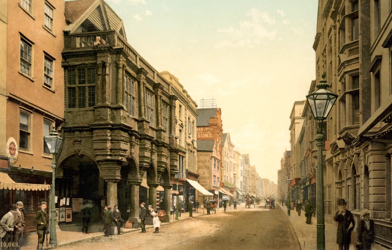 Фото обои город, ретро, улица, Англия, старое фото, England, Exeter, High Street