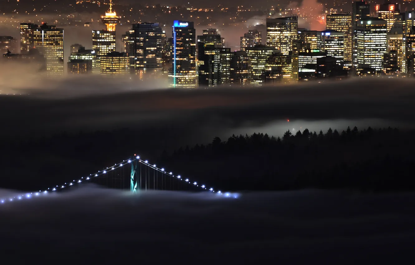 Фото обои мост, огни, туман, дома, Канада, Британская Колумбия, West Vancouver