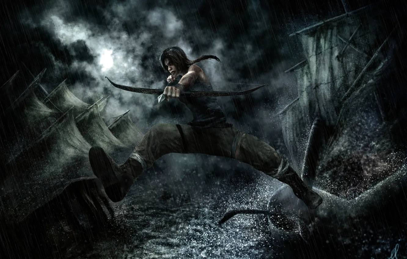 Фото обои девушка, дождь, арт, Tomb Raider, Лара Крофт, Lara Croft