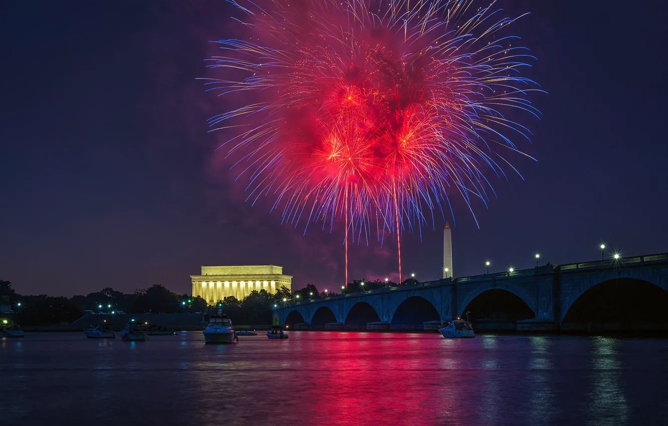 Фото обои Вашингтон, фейерверк, США, День Независимости, Мемориал Линкольна, 4-е июля