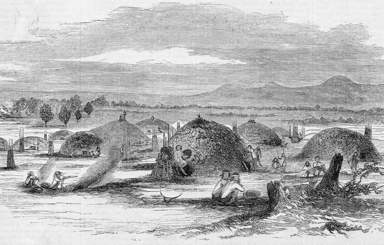 Фото обои черно - белое, California. Illustration from Gleason's Pictorial, Native American 'rancheria' in Yuba City, 1852., …