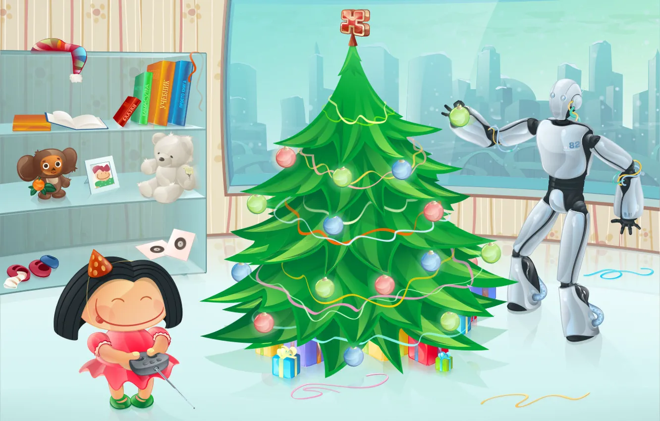 Фото обои рисунок, елка, новый год, робот, девочка