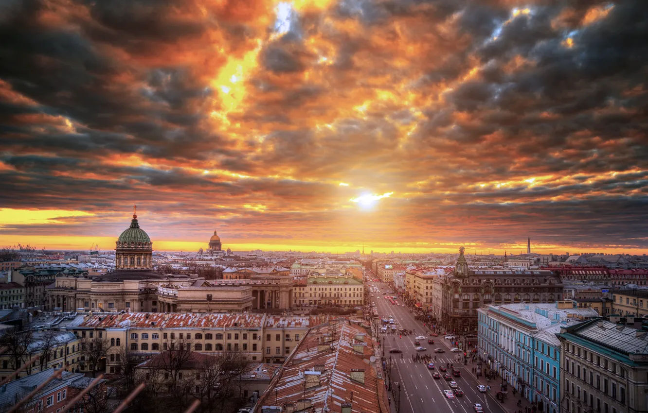 Фото обои дорога, небо, облака, улица, вид, здания, Санкт-Петербург, церковь