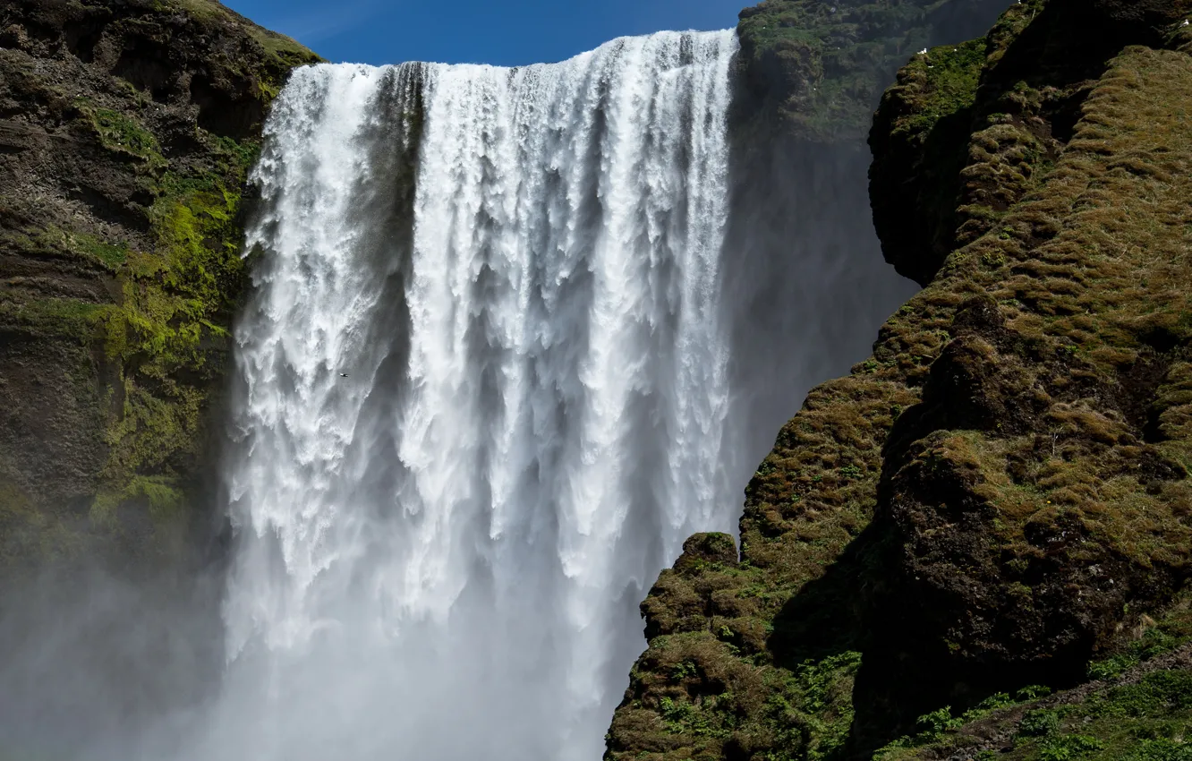 Фото обои обрыв, скалы, водопад, поток, мощь, пар, дымка