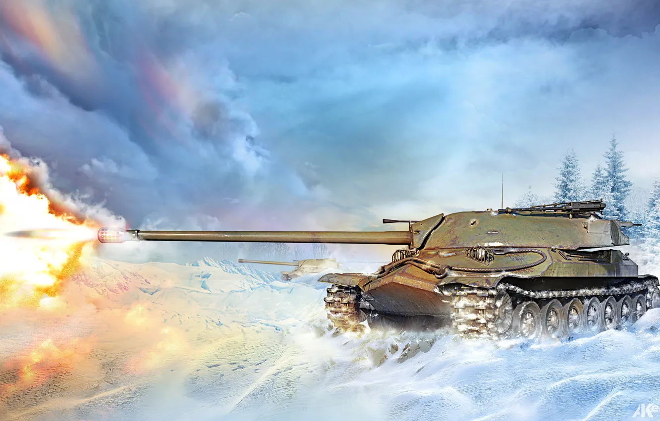 Фото обои зима, снег, огонь, пламя, рисунок, выстрел, арт, танк