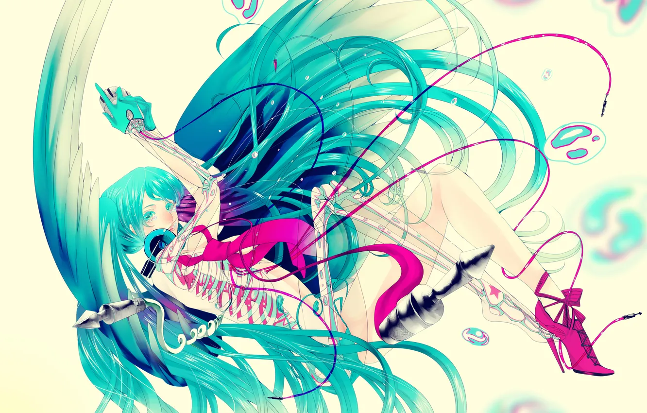Фото обои девушка, провода, арт, скелет, микрофон, vocaloid, hatsune miku, вокалоид