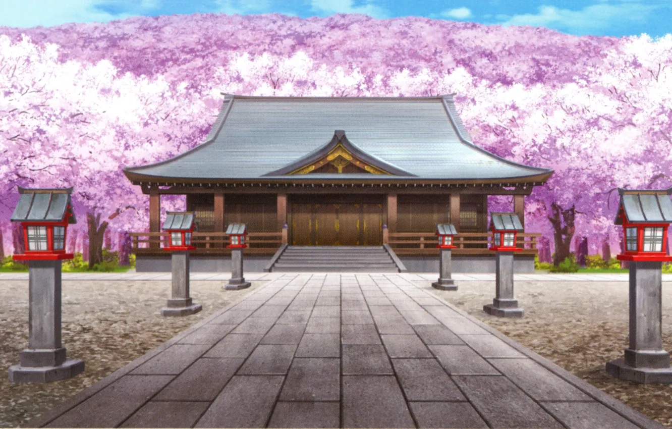 Фото обои япония, фонари, лестница, храм, каменная дорожка, visual novel, деревянный дом, Suuran Digit