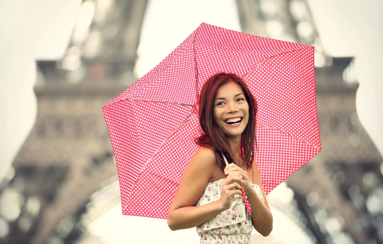 Фото обои girl, Paris, Asian, umbrella, smile
