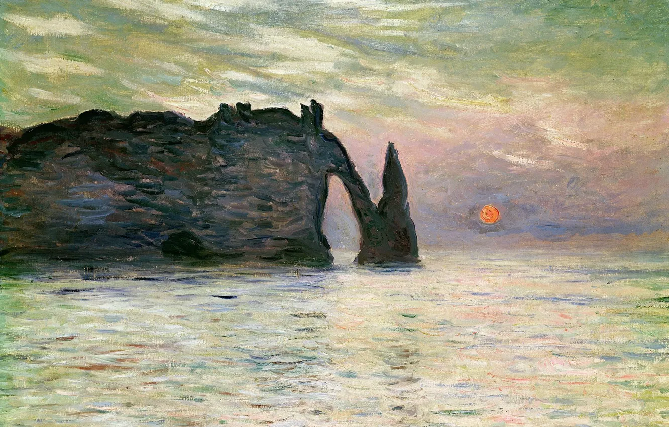 Фото обои море, пейзаж, картина, Клод Моне, Маннпорт. Скала в Этрета. Закат