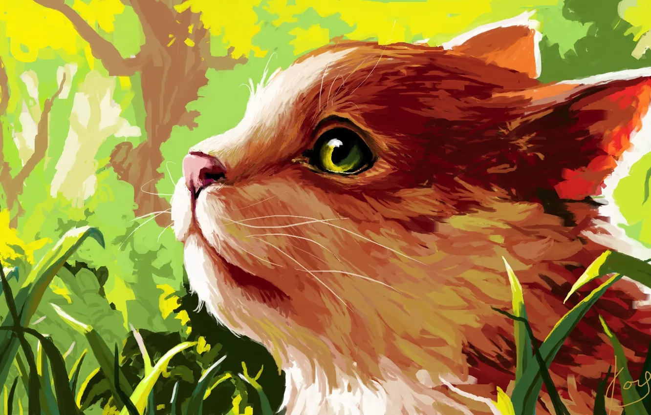 Фото обои кошка, трава, рисунок, профиль