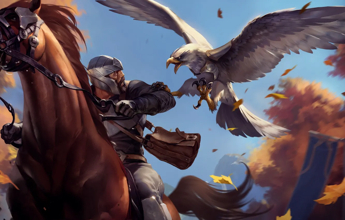 Фото обои птица, лошадь, мужик, всадник, орёл, Legends of Runeterra