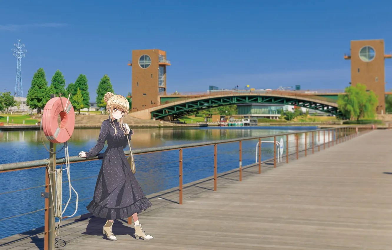 Фото обои вода, девушка, деревья, мост, Otonari no Tenshi-sama ni Itsunomanika Dame Ningen, Mahiru Shiina
