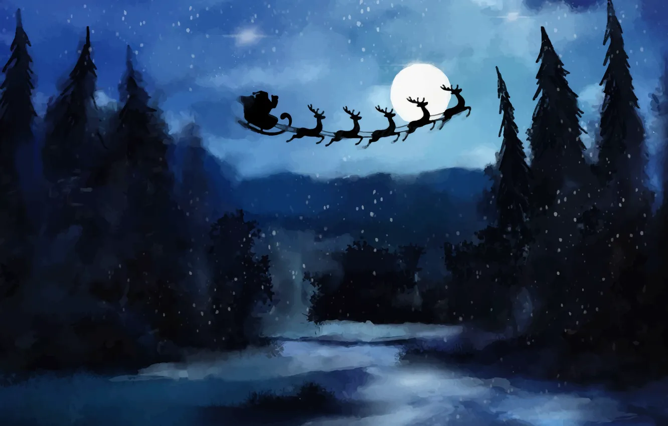 Фото обои Облака, Зима, Ночь, Снег, Луна, Рождество, Новый год, Санта Клаус