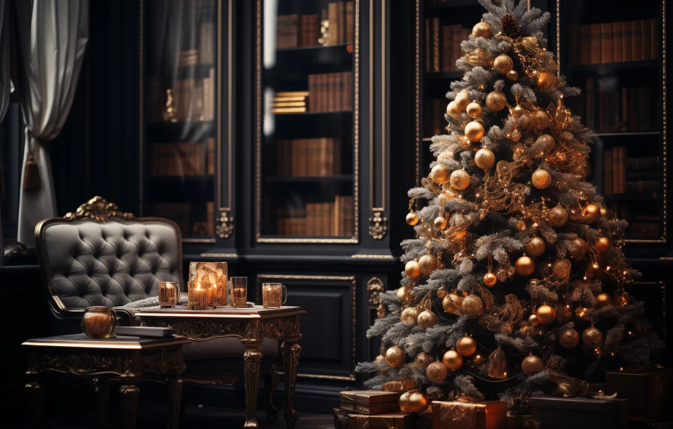 Фото обои украшения, комната, елка, интерьер, Рождество, подарки, Новый год, Christmas