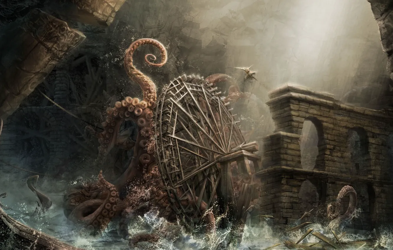 Фото обои монстр, колесо, арт, осьминог, щупальца, арки, кракен