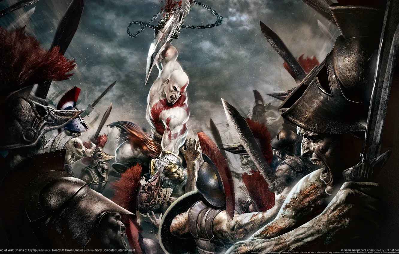 Фото обои kratos, атакует, gof of war
