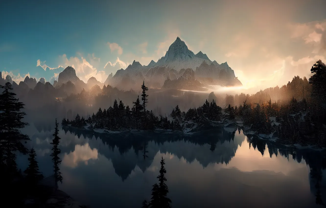 Фото обои горы, туман, озеро, отражение, утро