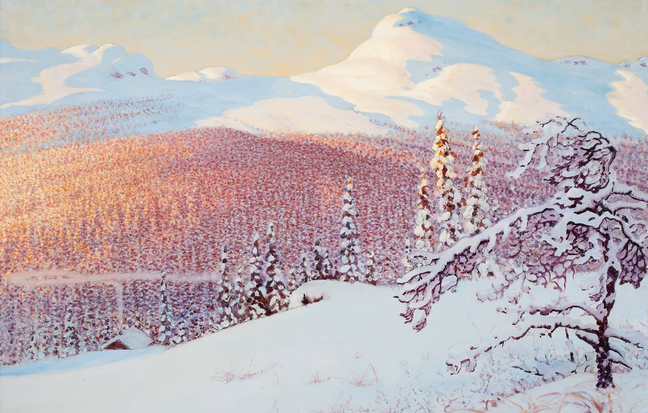Фото обои зима, Gustaf Fjaestad, снег. горы