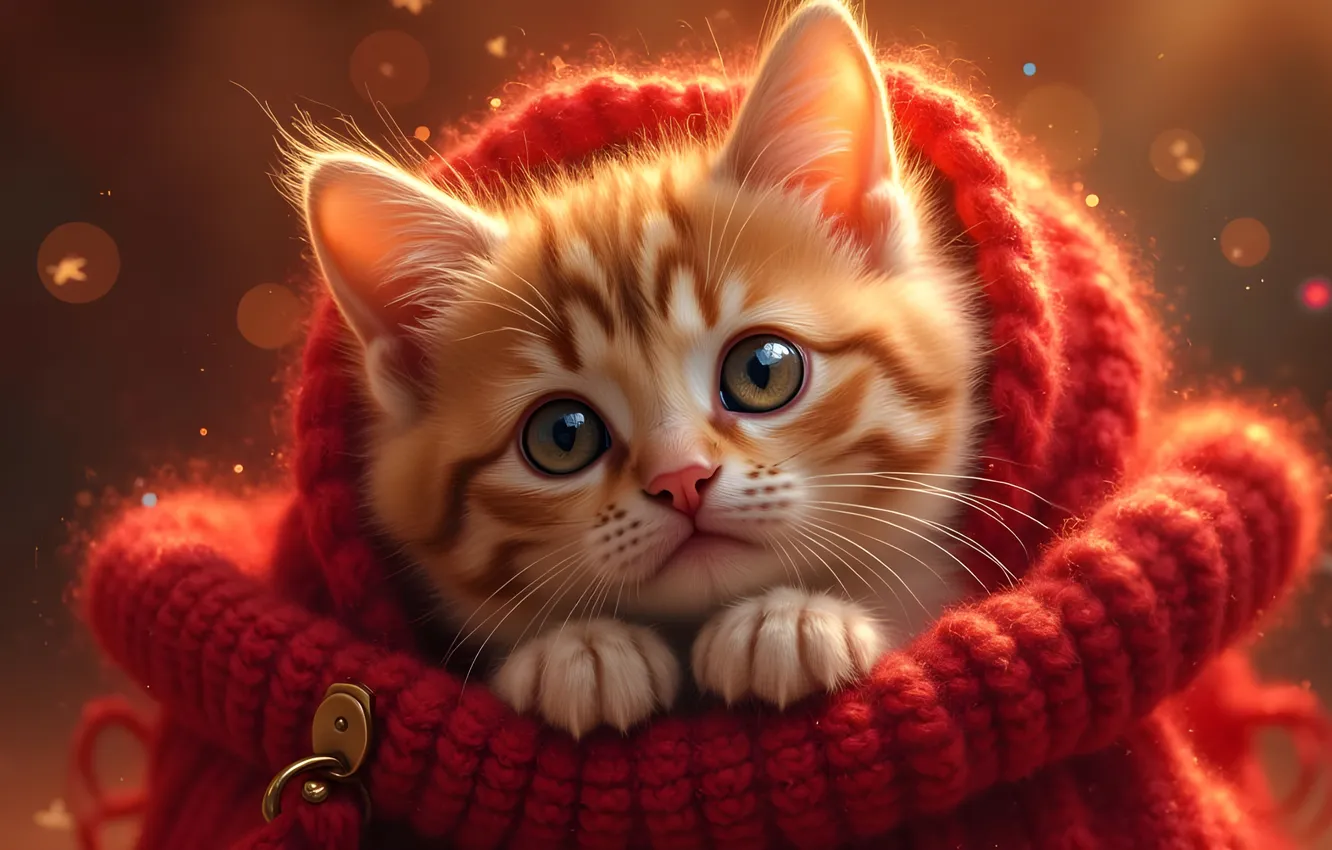 Фото обои кошка, взгляд, красный, поза, котенок, лапки, шарф, рыжий