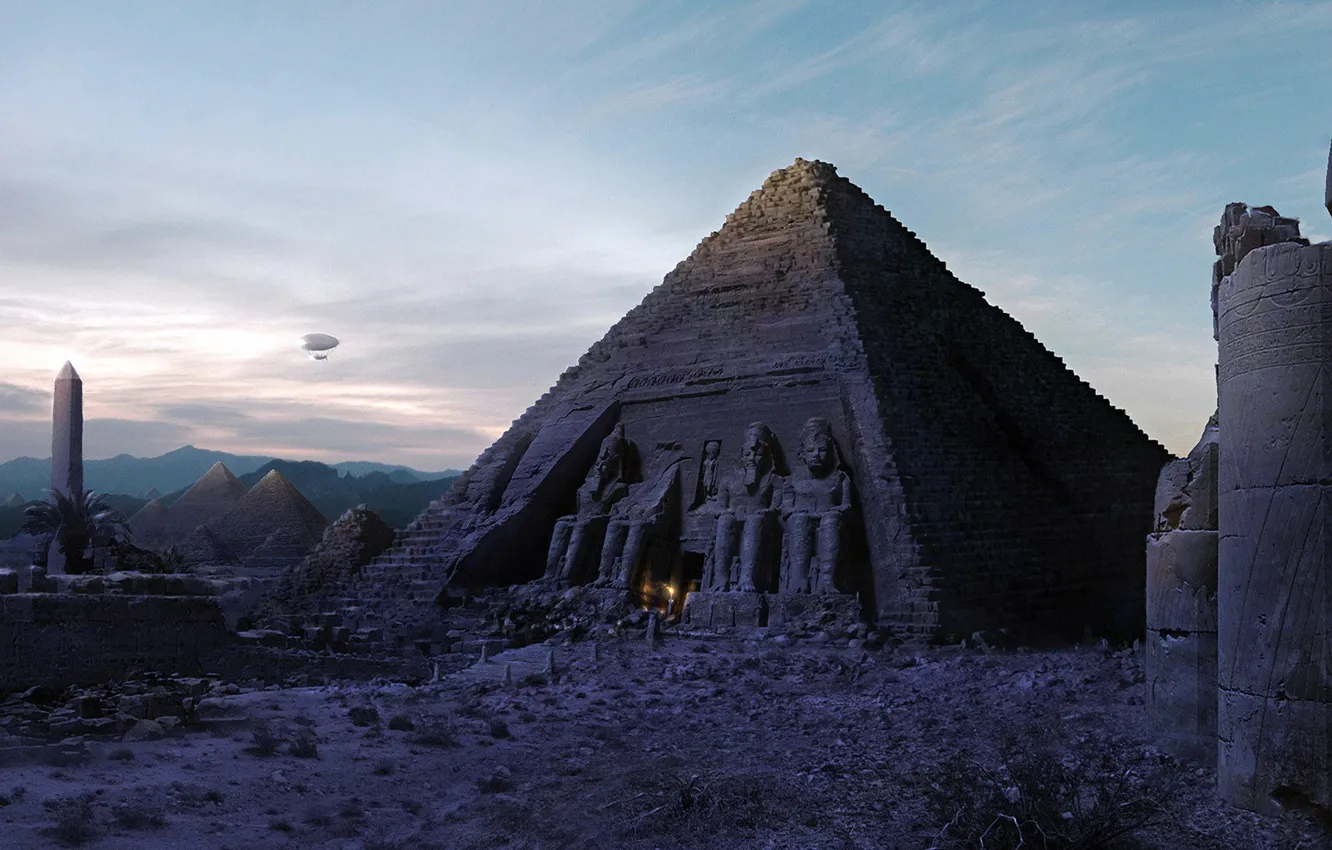 Фото обои огонь, Пирамида, дирижабль, Египет