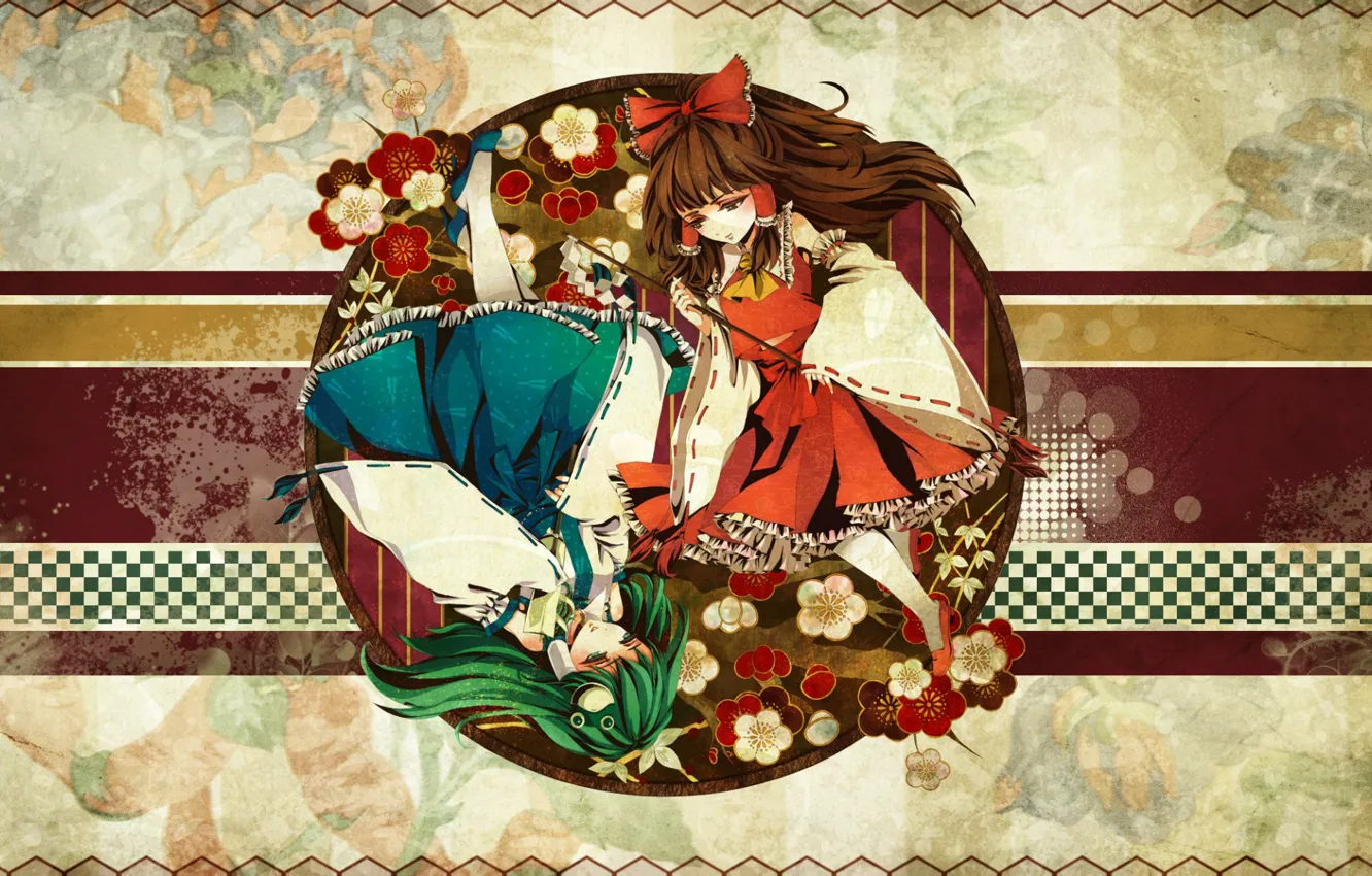 Фото обои цветы, круг, зеленые волосы, Kochiya Sanae, Hakurei Reimu, Touhou Project, шахматная клетка, Проект Восток
