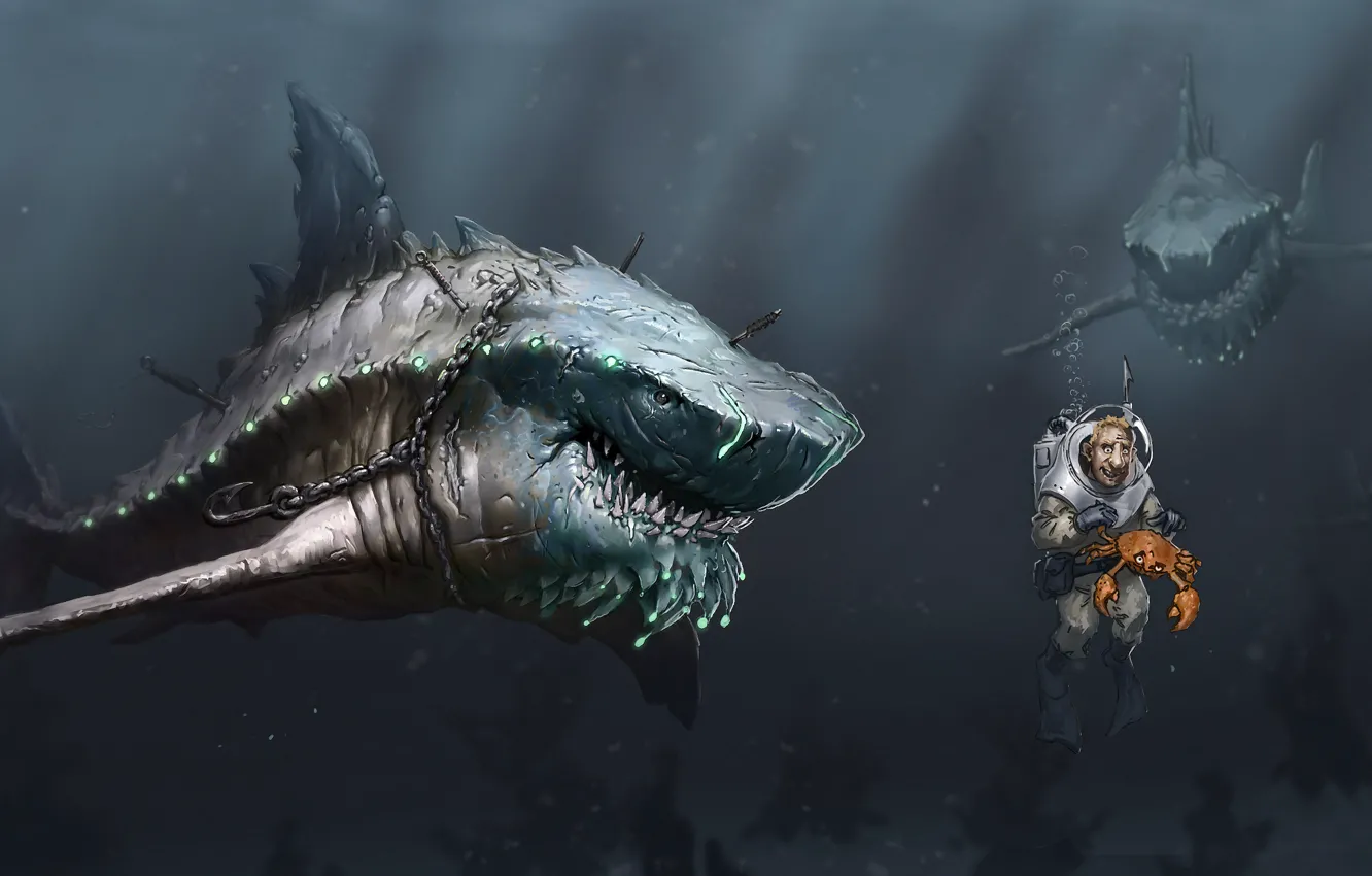 Фото обои море, человек, краб, хищники, арт, цепь, акулы, под водой
