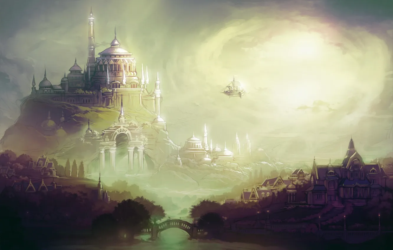 Фото обои мост, река, замок, арт