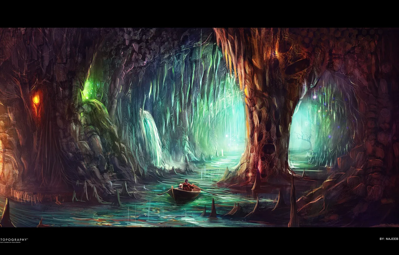Фото обои огни, река, лодка, пещера, desktopography, сталактиты