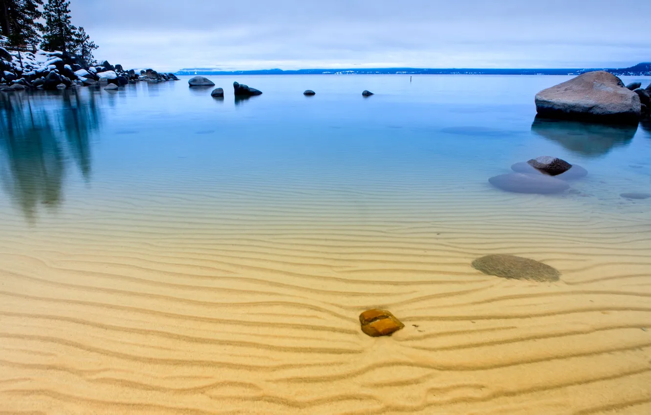 Фото обои песок, небо, деревья, озеро, камни, дно