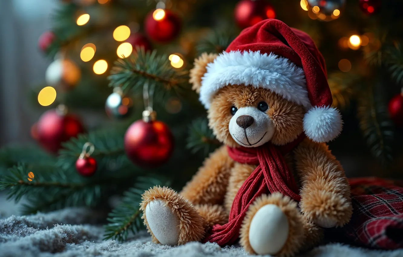 Фото обои елка, Рождество, мишка, Новый год, Christmas, teddy bear, decoration