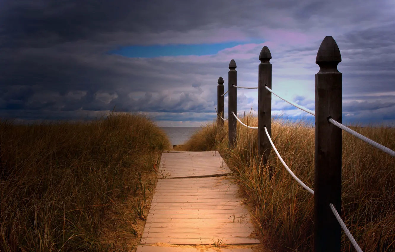 Фото обои grass, beach, sea, ocean, clouds, way, sand, pathway