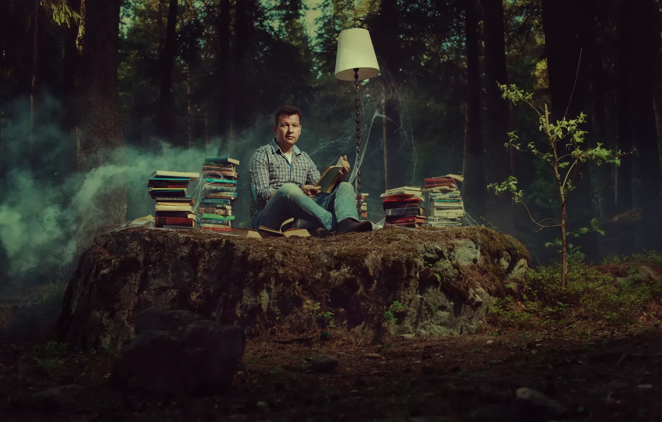 Фото обои лес, книги, лампа, паутина, чтение, книголюб