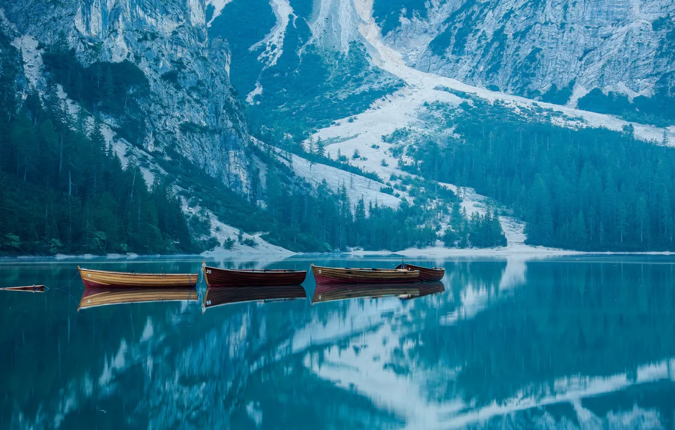 Фото обои горы, озеро, лодки