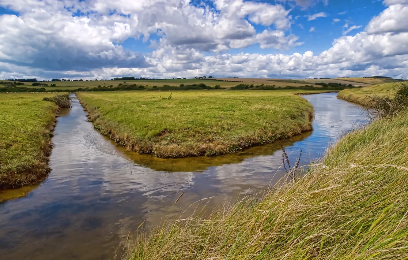 Фото обои трава, вода, облака, река, канал