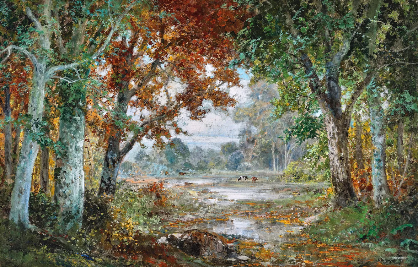 Фото обои Деревья, Картина, Речка, Коровы, Alois Arnegger, Осенний лес, Алоис Арнеггер, Австрийский живописец