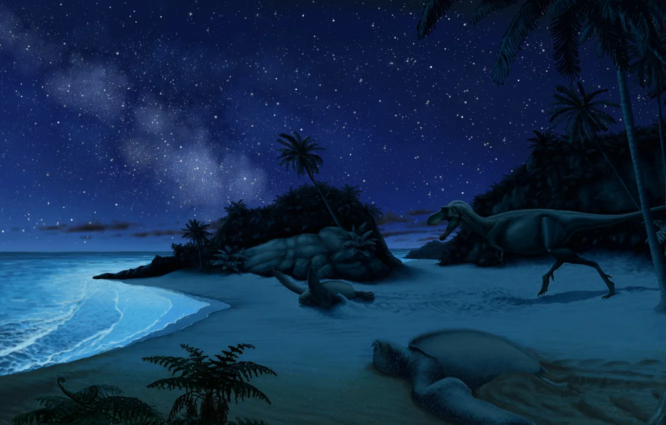 Фото обои песок, пляж, звезды, ночь, пальмы, динозавр, арт, добыча