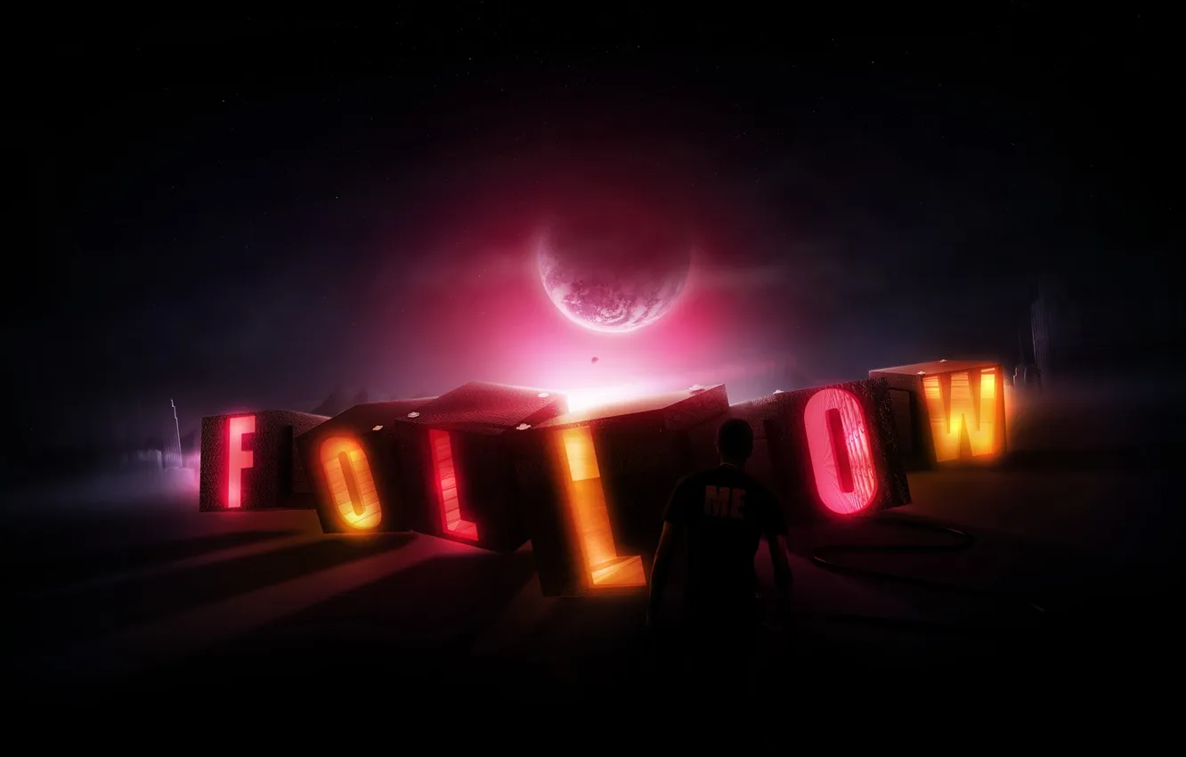 Фото обои свет, надпись, луна, человек, неон, буква, follow me, следуй за мной