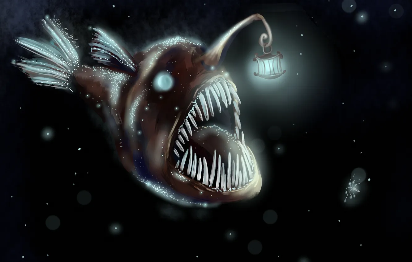 Фото обои монстр, рыба, фонарь, чёрный фон